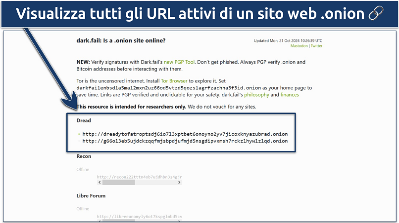 Immagine della pagina principale del sito onion dark.fail