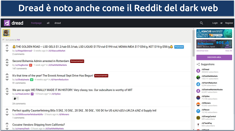 Immagine della pagina iniziale del forum Dread