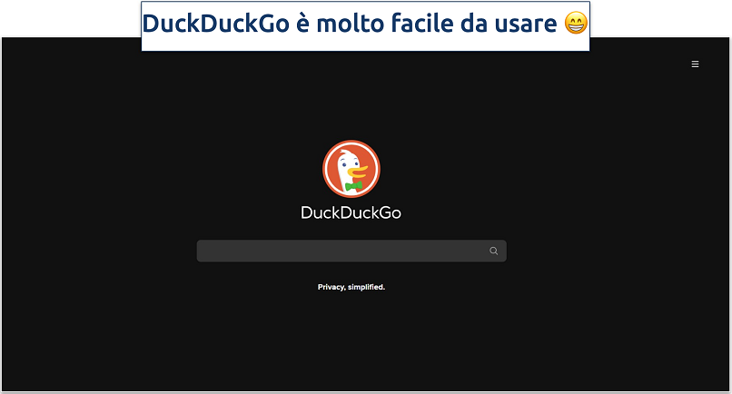 Immagine che mostra la pagina iniziale del sito onion di DuckDuckGo