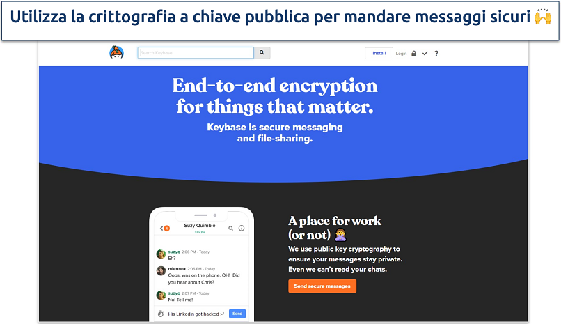 Immagini che mostrano la pagina di destinazione del sito onion di Keybase