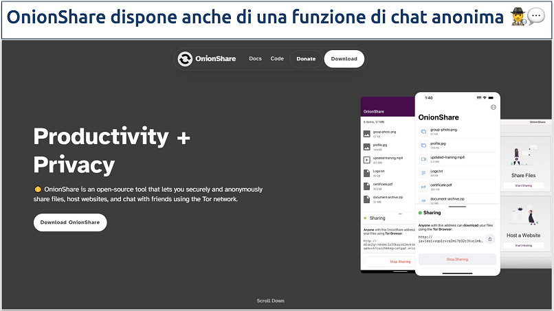 Immagine che mostra la pagina principale del sito Tor di OnionShare