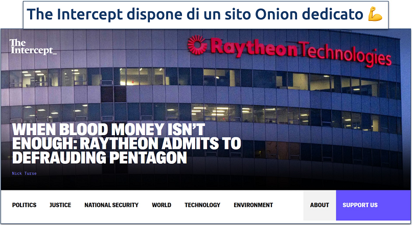 Immagine mostrante la pagina di destinazione del sito Onion di The Intercept
