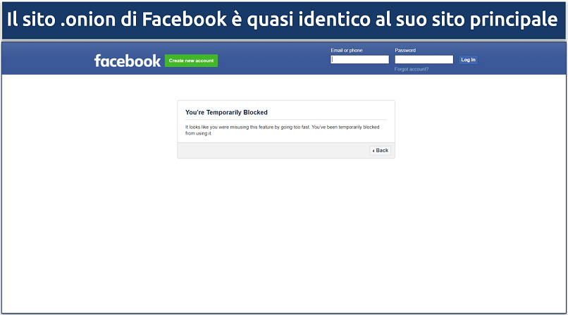 Immagine che mostra la pagina iniziale del sito onion di Facebook