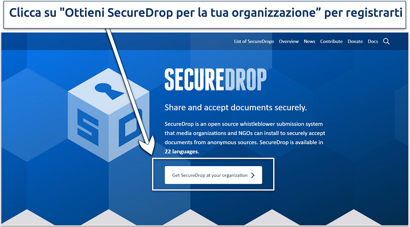 Immagine della pagina di atterraggio del sito onion SecureDrop con il pulsante Ottieni SecureDrop evidenziato.
