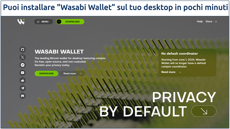 Immagine che mostra la pagina di destinazione del sito onion di Wasabi Wallet