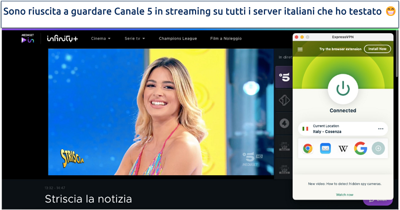 Screenshot of Striscia la notizia streaming live using ExpressVPN's server in Cosenza