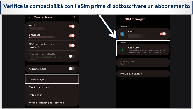 Screenshot showing Android eSIM compatibility in settings