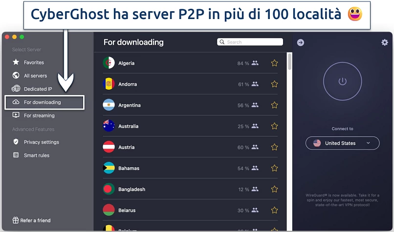 Screenshot dell'app CyberGhost e i suoi server specializzati P2P per il download