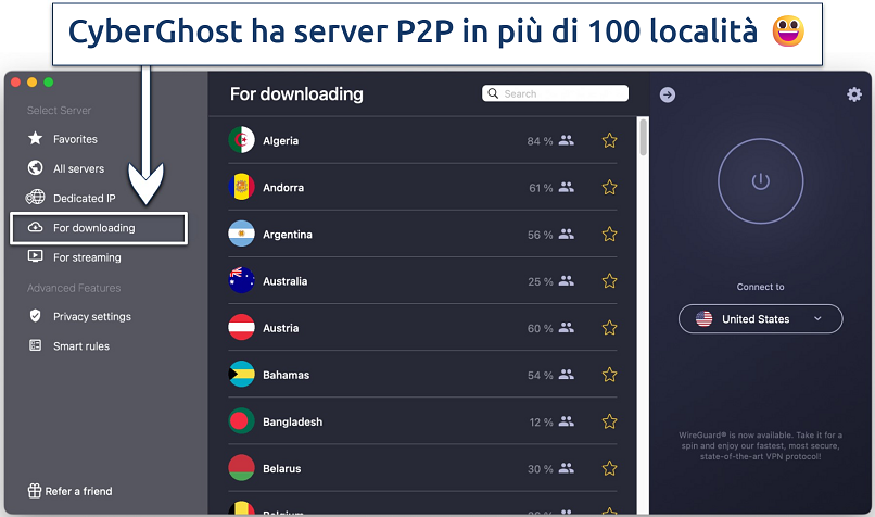 Screenshot dell'app CyberGhost e i suoi server specializzati P2P per il download