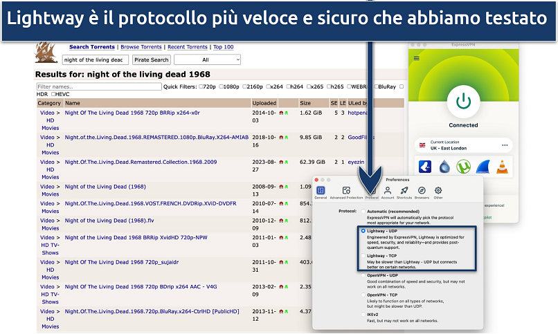 Screenshot che mostra come cambiare protocollo nell'app ExpressVPN su una pagina del browser di piratebay.org