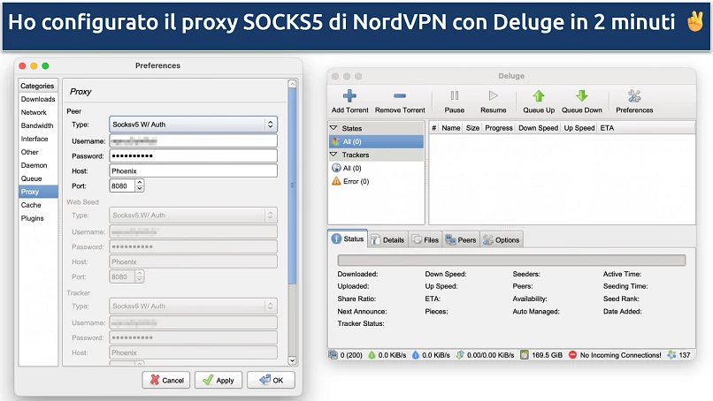 Screenshot della configurazione del proxy SOCKS5 di NordVPN su Deluge