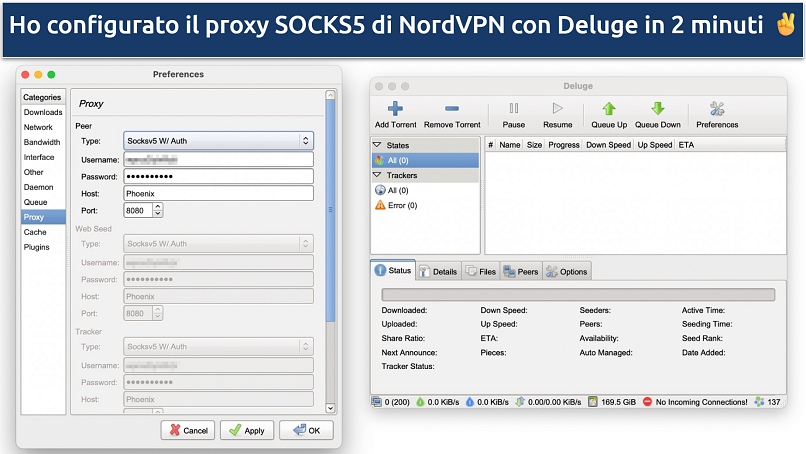 Screenshot della configurazione del proxy SOCKS5 di NordVPN su Deluge