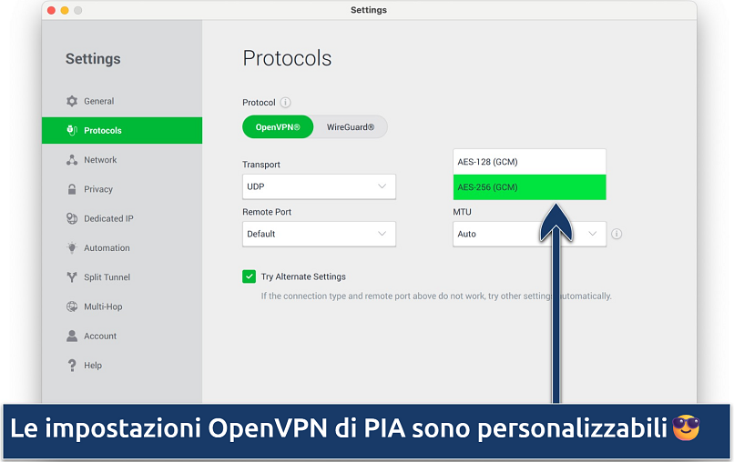 Schermata che mostra le opzioni di personalizzazione nel menu Impostazioni di PIA