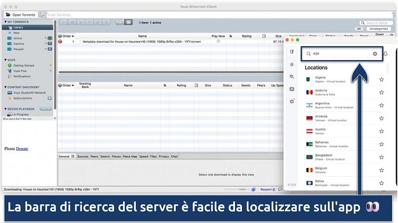 Screenshot che mostra come localizzare i server P2P ottimizzati di Surfshark