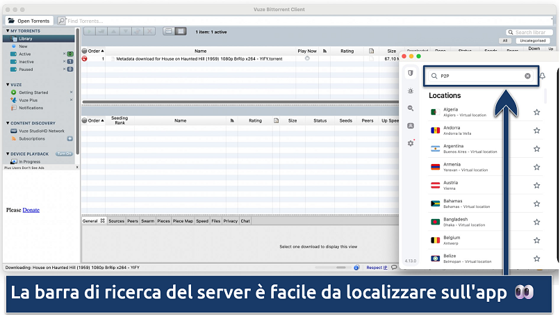 Screenshot che mostra come localizzare i server P2P ottimizzati di Surfshark