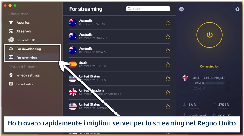 Schermata dei server ottimizzati per lo streaming nell’app CyberGhost per macOS