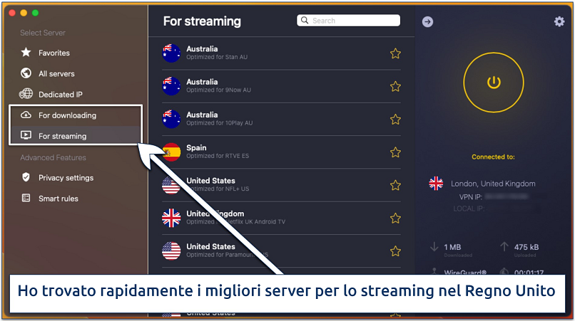 Schermata dei server ottimizzati per lo streaming nell’app CyberGhost per macOS