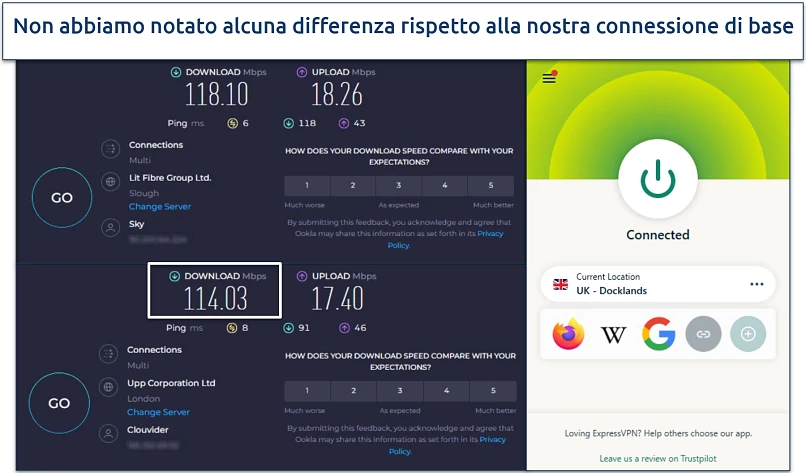 Screenshot di un test di velocità dei server ExpressVPN nel Regno Unito