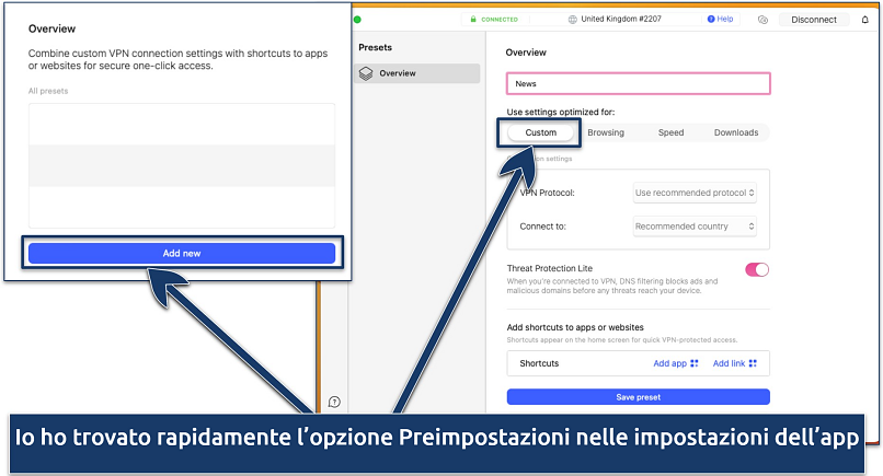 Schermata dell’opzione Preimpostazioni nell’app NordVPN