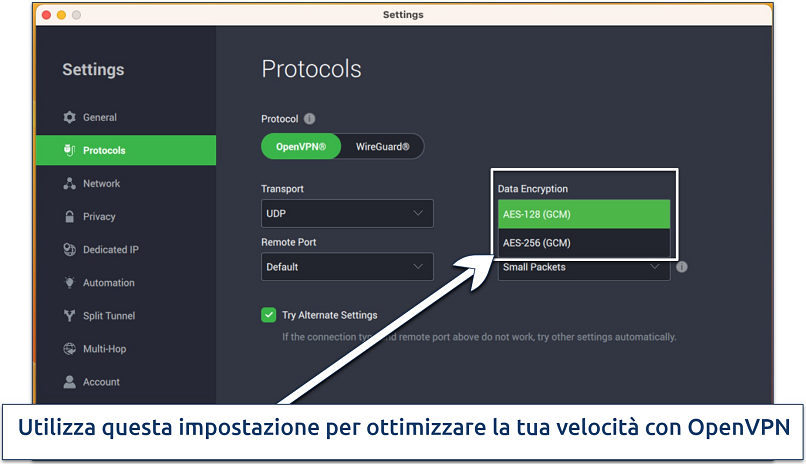 Schermata delle impostazioni di PIA per personalizzare codifica e protocolli