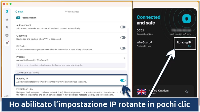 Schermata della funzionalità di rotazione degli IP nell’app Surfshark