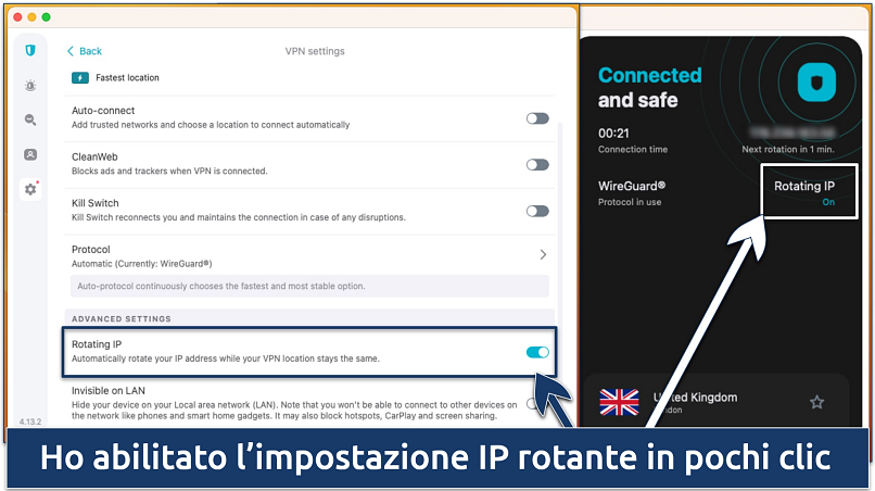 Schermata della funzionalità di rotazione degli IP nell’app Surfshark