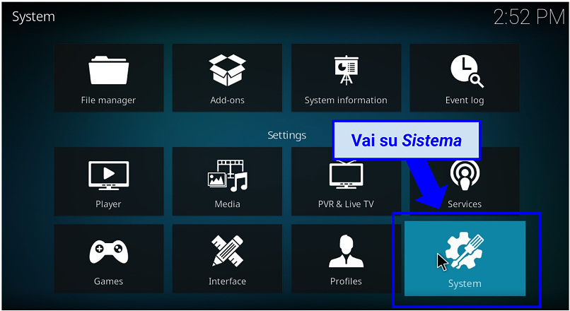 Uno screenshot delle opzioni di impostazione di Kodi