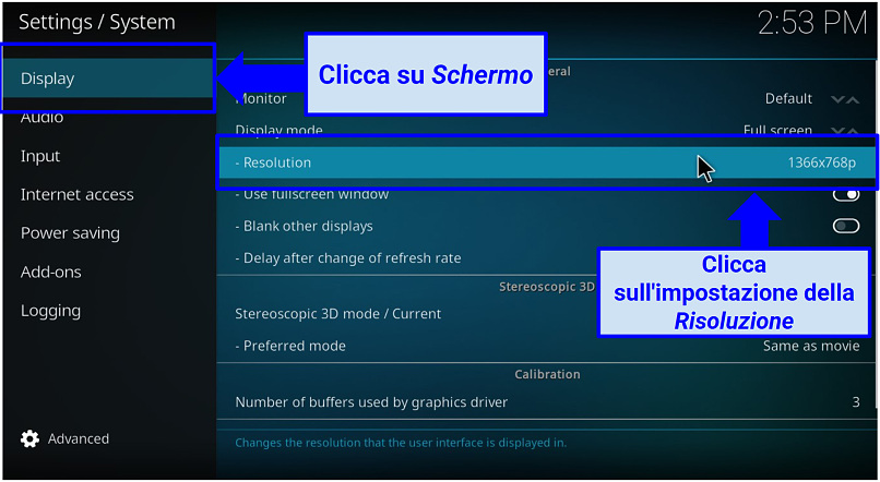 Uno screenshot delle impostazioni di visualizzazione e risoluzione dell'app Kodi