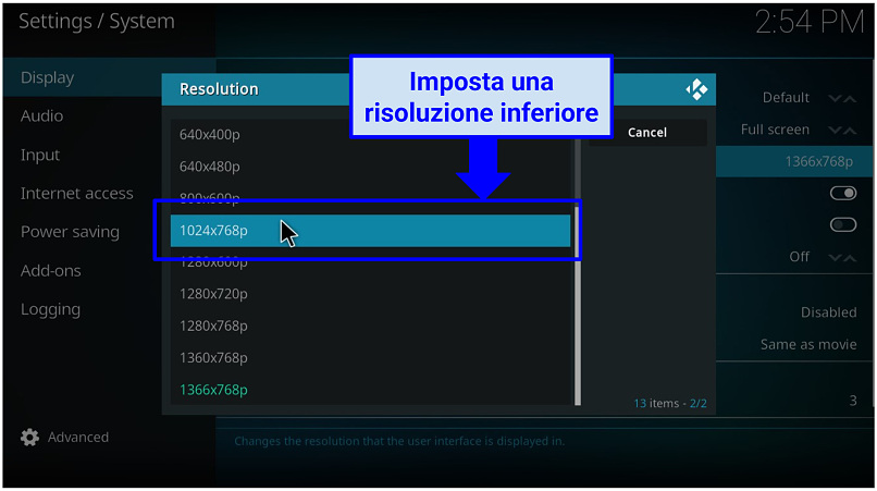 Uno screenshot delle opzioni di risoluzione dell'app Kodi