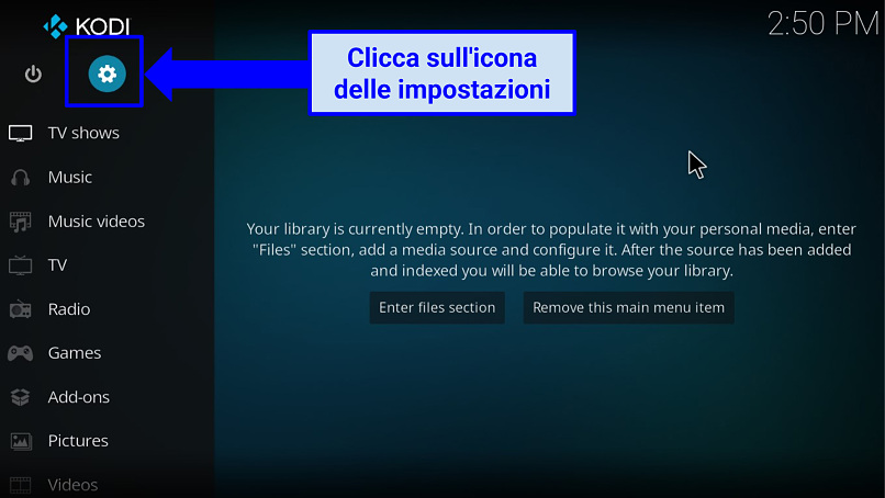 Uno screenshot della schermata principale dell'app Kodi