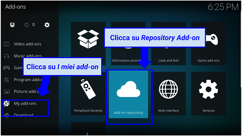 Uno screenshot della sezione add-on dell'app Kodi