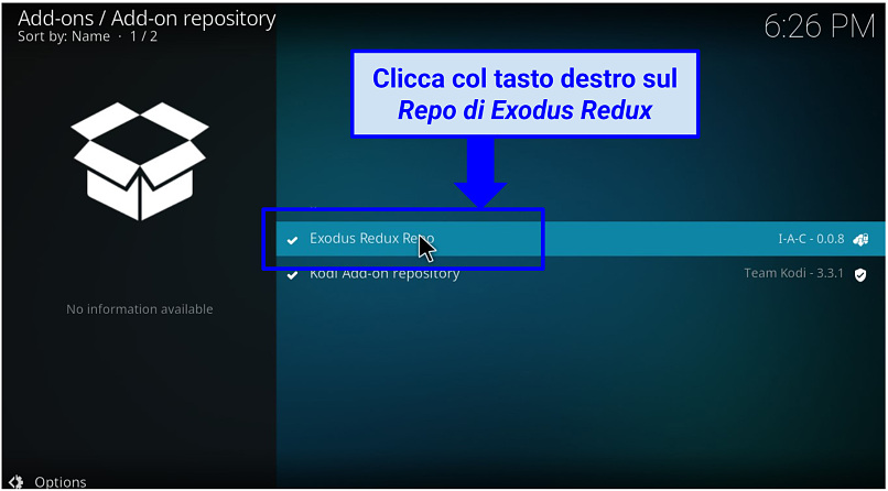 Uno screenshot del repository Exodus su Kodi