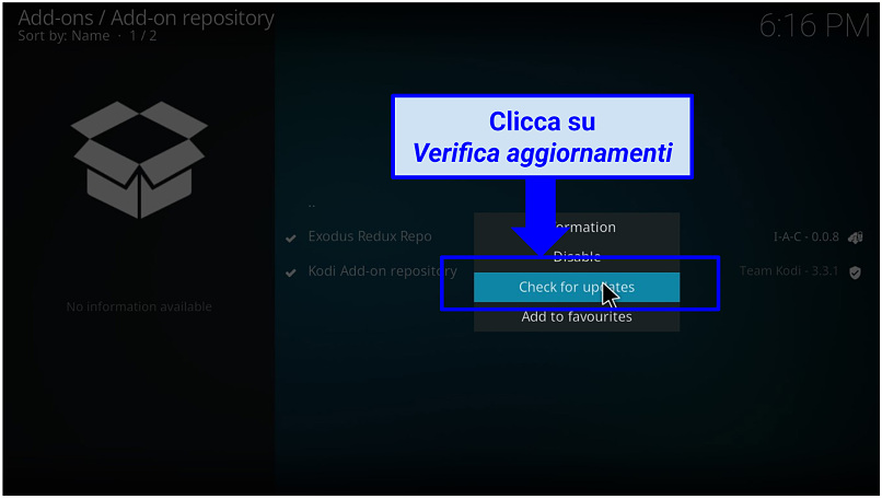 Uno screenshot delle impostazioni di aggiornamento di Exodus su Kodi