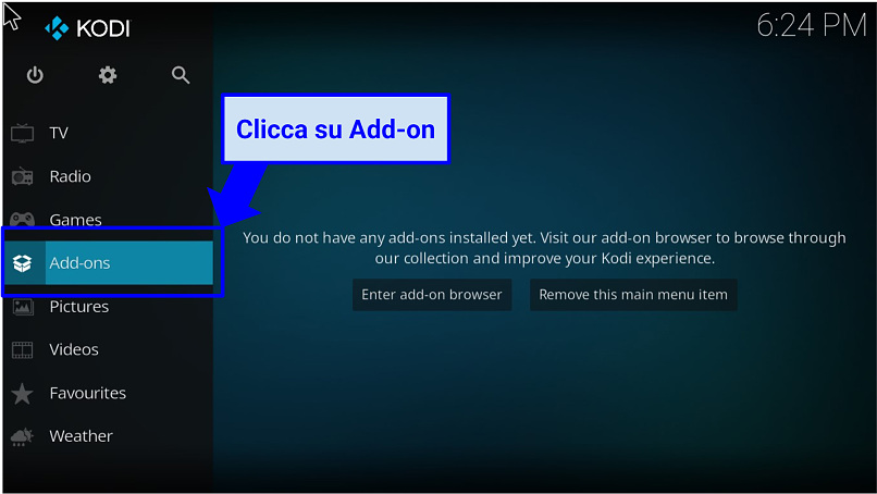 Uno screenshot delle opzioni del menu disponibili su Kodi