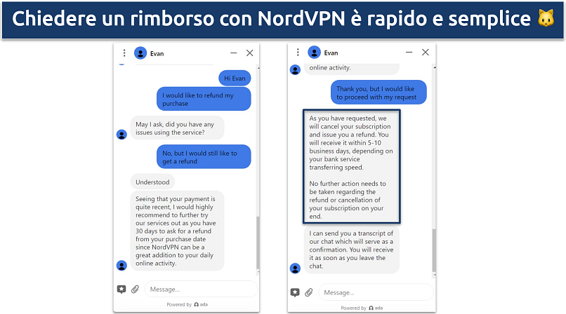 Screenshot della conversazione con l'agente di supporto chat di NordVPN durante il periodo di garanzia di rimborso di 30 giorni