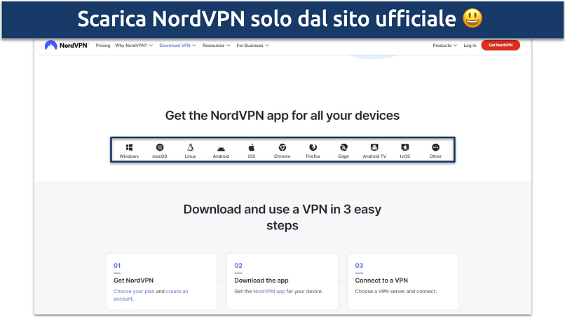 Screenshot della pagina di download di NordVPN sul sito web