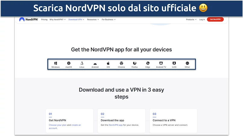 Screenshot della pagina di download di NordVPN sul sito web