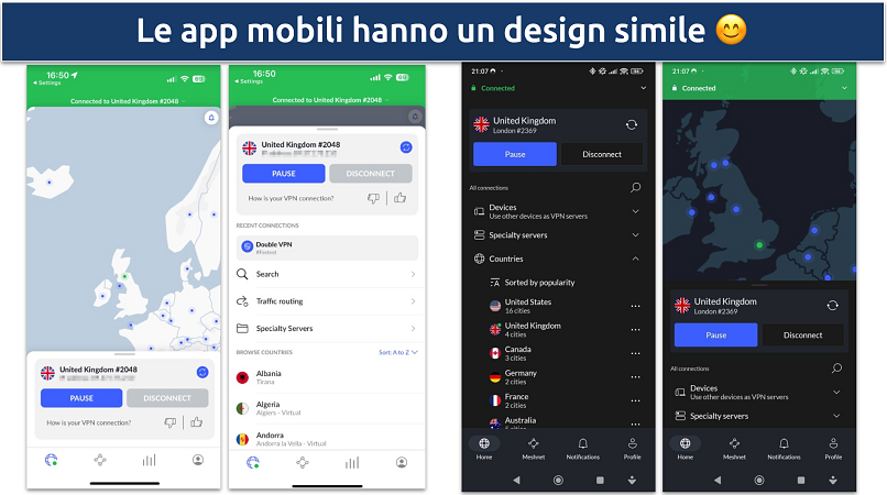 Immagini delle app iOS e Android di NordVPN