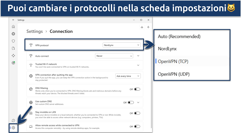 Screenshot delle impostazioni di protocollo di NordVPN