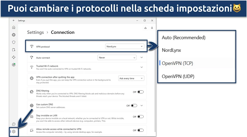 Screenshot delle impostazioni di protocollo di NordVPN