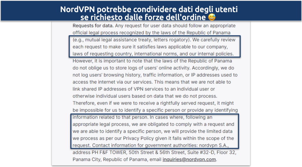 Screenshot della politica sulla privacy di NordVPN che mostra potrebbe condividere i dati degli utenti se richiesto