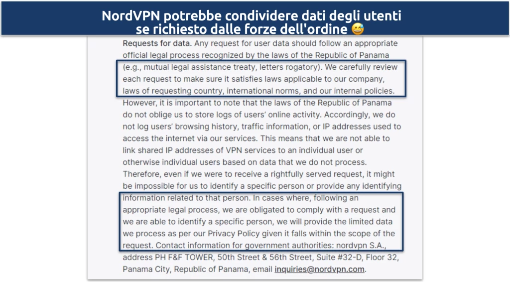 Screenshot della politica sulla privacy di NordVPN che mostra potrebbe condividere i dati degli utenti se richiesto