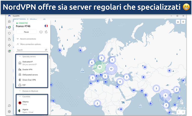 Screenshot dell’app di NordVPN su Windows che mostra i server specializzati e quelli regolari