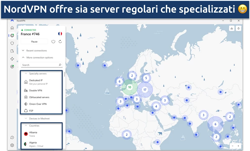 Screenshot dell’app di NordVPN su Windows che mostra i server specializzati e quelli regolari