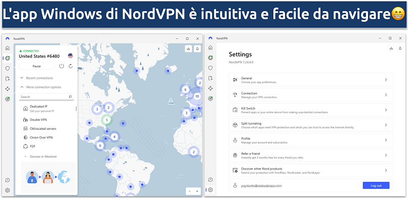 Screenshot dell'app Windows di NordVPN che mostra la pagina dei server dell'app e la pagina delle impostazioni
