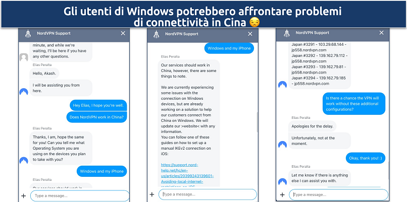 Screenshot di una chat con il supporto NordVPN riguardo la connettività del VPN in Cina