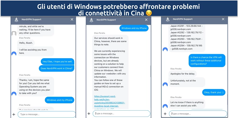 Screenshot di una chat con il supporto NordVPN riguardo la connettività del VPN in Cina