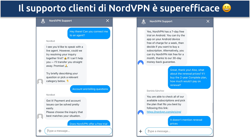 Screenshot di una chat con il supporto clienti di NordVPN