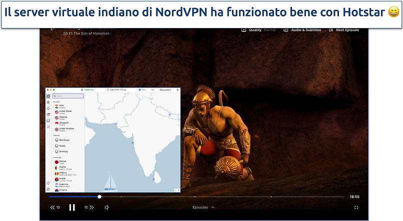 Screenshot di The Son of Hanuman in streaming su Hotstar con NordVPN connesso