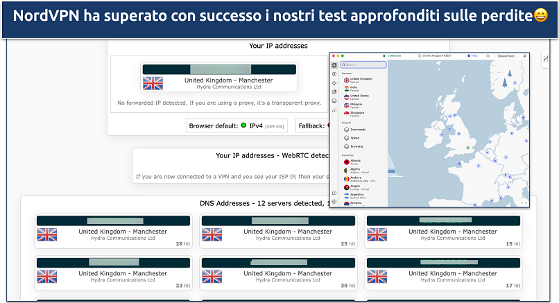 Screenshot del test di protezione dalle perdite di NordVPN